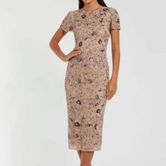 Mac Duggal Dresses & Skirts - Mac Duggal Mocha Beige Floral Embellished Short Sleeve Midi Dress